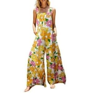 Shein Wide Leg Floral Romper Multicolor Women's 1X Linen Coverall Jumpsuit
